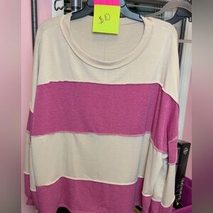 Plus Size Women's Cream & Pink Striped Long Sleeve Top